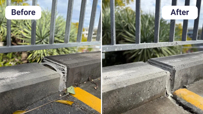 Before and after: concrete kerb at Roma Street Parkland lifted back flush against the railing base