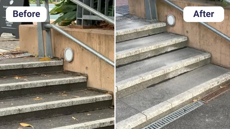 Before and after: sunken granite stairs at Roma Street Parkland relevelled with GeoPoly™ resin injection for Brisbane City Council