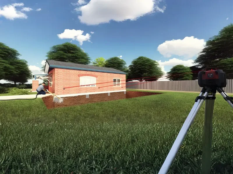 GeoPoly GER60 resin injection beneath brick house with laser levelling equipment