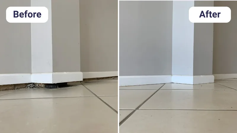 Gap between skirting board and concrete floor caused by slab settlement