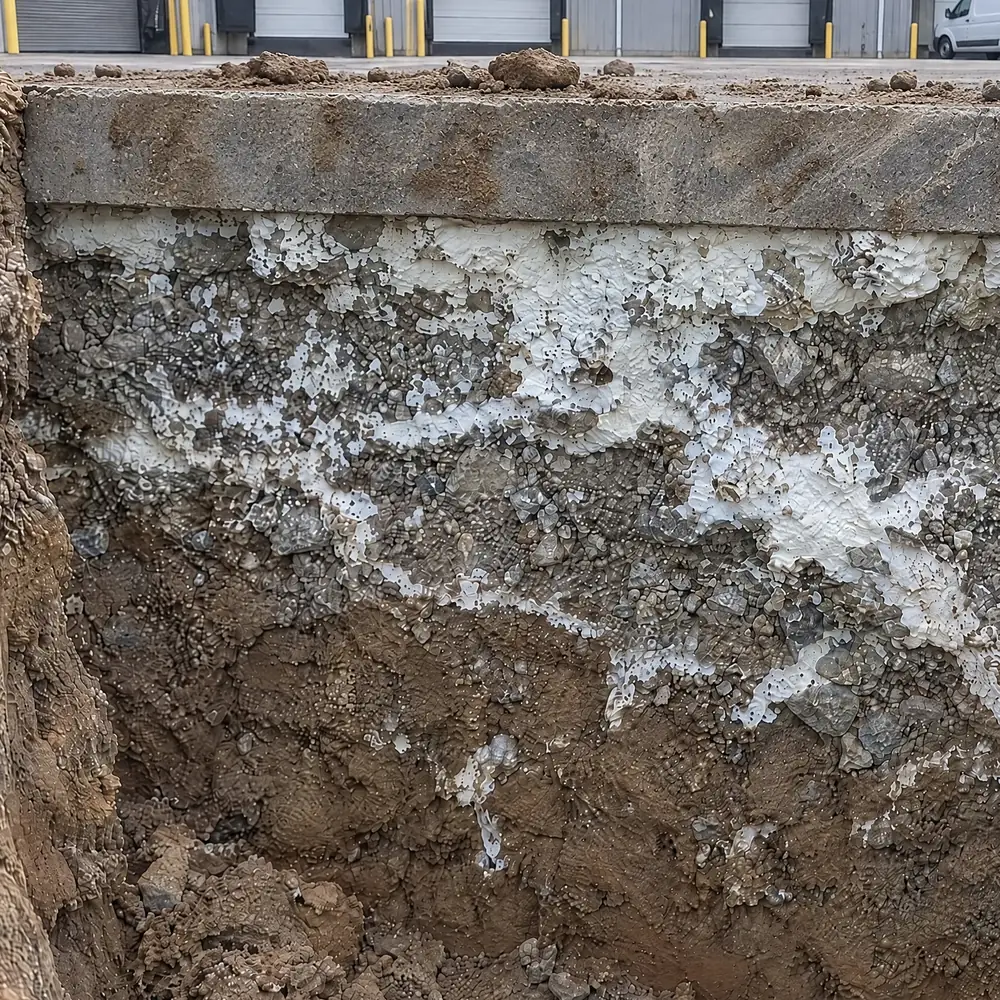 Cured GeoPoly™ SJ120 resin exposed beneath a commercial slab — the void filled, the fill compacted