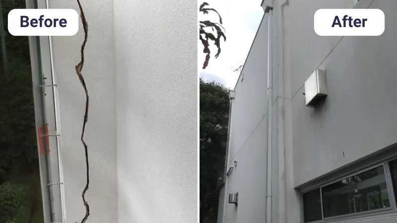 Brick wall crack above window before and after repair