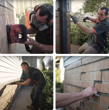 Buildfix technician cutting mortar slots and bonding HelicalBar™ stainless steel bars into brickwork