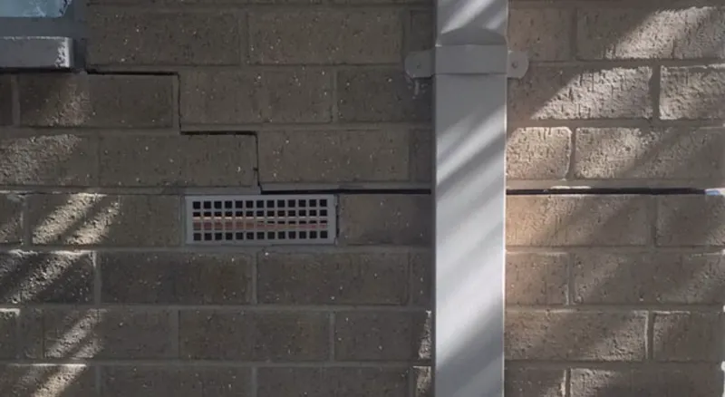 Stepped crack in brick wall near downpipe and subfloor vent indicating localised foundation movement