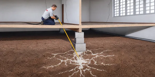Floor levelling — GeoPoly™ resin injected beneath a sinking pier to lift a timber floor back to level