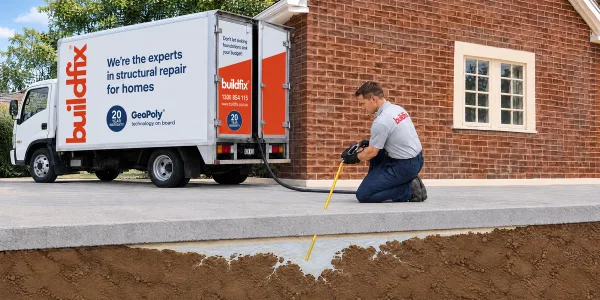 Slab lifting — a Buildfix technician injecting GeoPoly™ resin beneath a sunken driveway slab