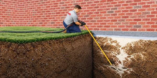 Buildfix technician injecting GeoPoly resin deep beneath a brick home’s footing to lift and relevel the foundation