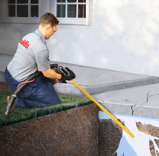 Worker injecting GeoPoly under cracked concrete slab for foundation repair near house.