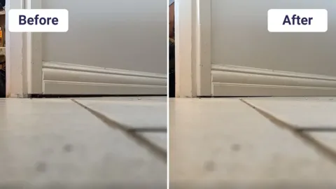 Door subsidence repaired with GeoPoly injection eliminating gap and improving seal.
