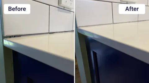 Countertop and backsplash gap repaired using GeoPoly structural gap filling solution.