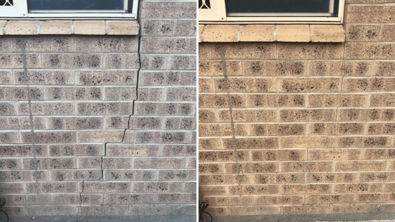 Brick wall with vertical crack before and after foundation crack repair completed.