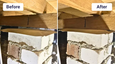 Before and after foundation repair with levelled timber beam on brick column.