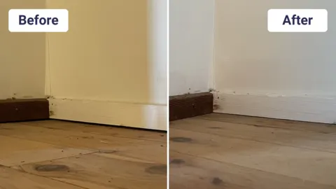 Before and after floor corner repair fixing foundation gaps and rising damp.