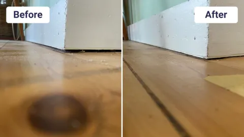 Before and after door subsidence repair sealing floor gap, Buildfix solution.