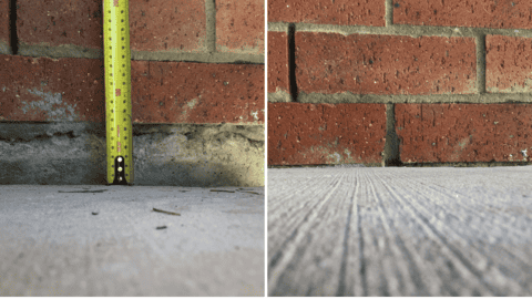 Foundation repair closing wall crack gap with GeoPoly under brickwork and concrete.