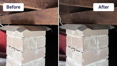 Brick support column foundation repair before and after with restored mortar finish.