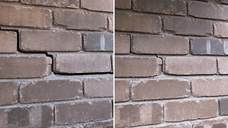 Brick wall with jagged subsidence crack and restored masonry after foundation repair.