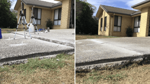 Concrete porch edge subsidence repaired using GeoPoly for structural stability.