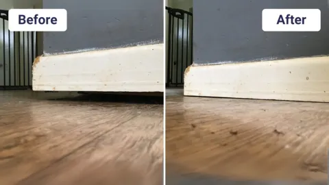 Before and after floor corner cleaned to address rising damp removal.