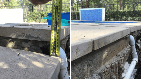 Damaged pool deck with vertical foundation crack measured, concrete showing subsidence and displacement.