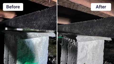 Before and after foundation beam repair showing gap filled to prevent subsidence.