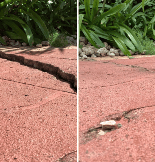 Red brick patio crack before and after GeoPoly foundation repair with plant backdrop.
