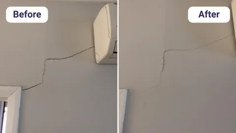Before and after foundation repair showing reduced wall crack near air conditioner.