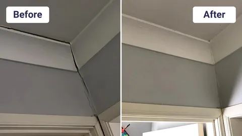 Ceiling corner wall crack repaired with caulking after structural foundation repair.