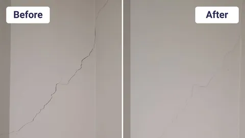 Side-by-side foundation repair comparison wall crack before and after GeoPoly stabilisation.