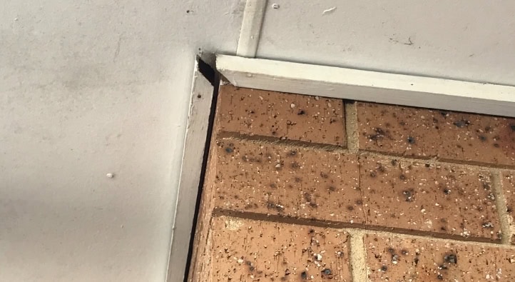 Gap between wall trim and brick floor indicating foundation subsidence repair needed.