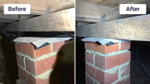 Before and after foundation repair of brick support pillar with improved alignment.