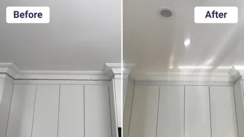 Before and after ceiling crack repair showing subsidence correction above cabinets.