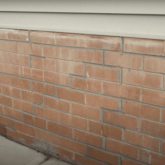 Misaligned brick wall with rising damp and subsidence foundation issues.
