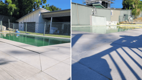 Backyard pool with murky water left, clean water right after repair.