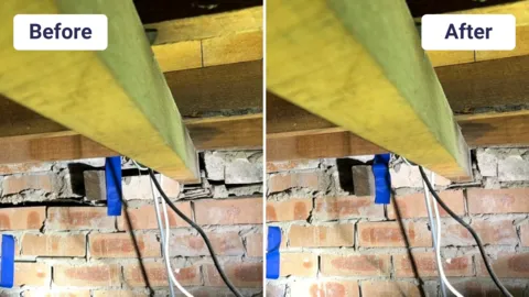 Basement wall before and after foundation repair using HelicalBar for brick cracks.