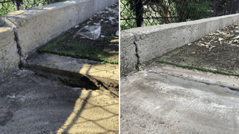 Damaged concrete curb with deep crack and repaired foundation using GeoPoly stabilisation.