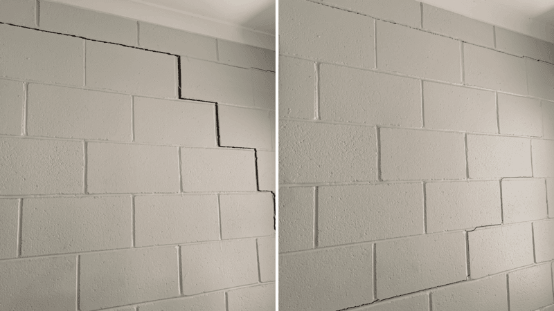 Side-by-side cinder block wall crack repair using GeoPoly for subsidence damage.