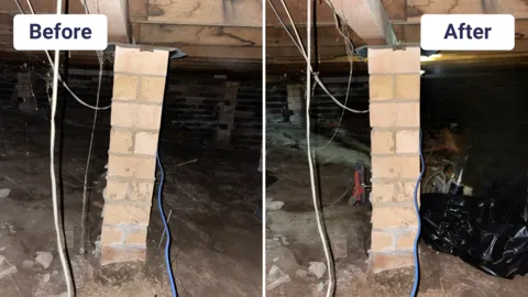 Crawl space foundation repair before and after, tidier supports reduce subsidence.