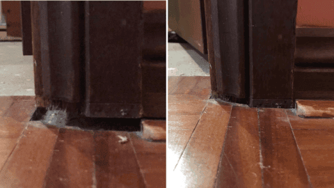 Misaligned timber floor near doorframe before and after structural subsidence repair Floor gap and uneven patching fixed with expert foundation and wall crack repairs.