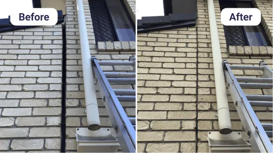 Brick wall cleaning showing removal of rising damp stains and efflorescence.