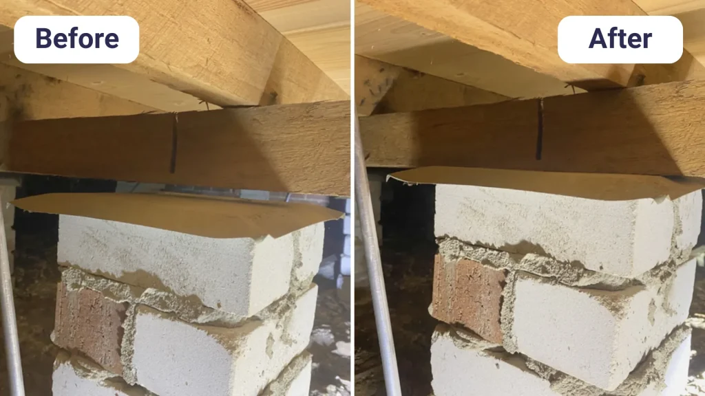 Sinking Brick Piers Stabilised and Living Room Floor Restored Before and After
