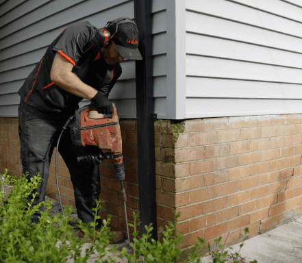 Foundation repair specialist using power drill to address subsidence near brick wall.