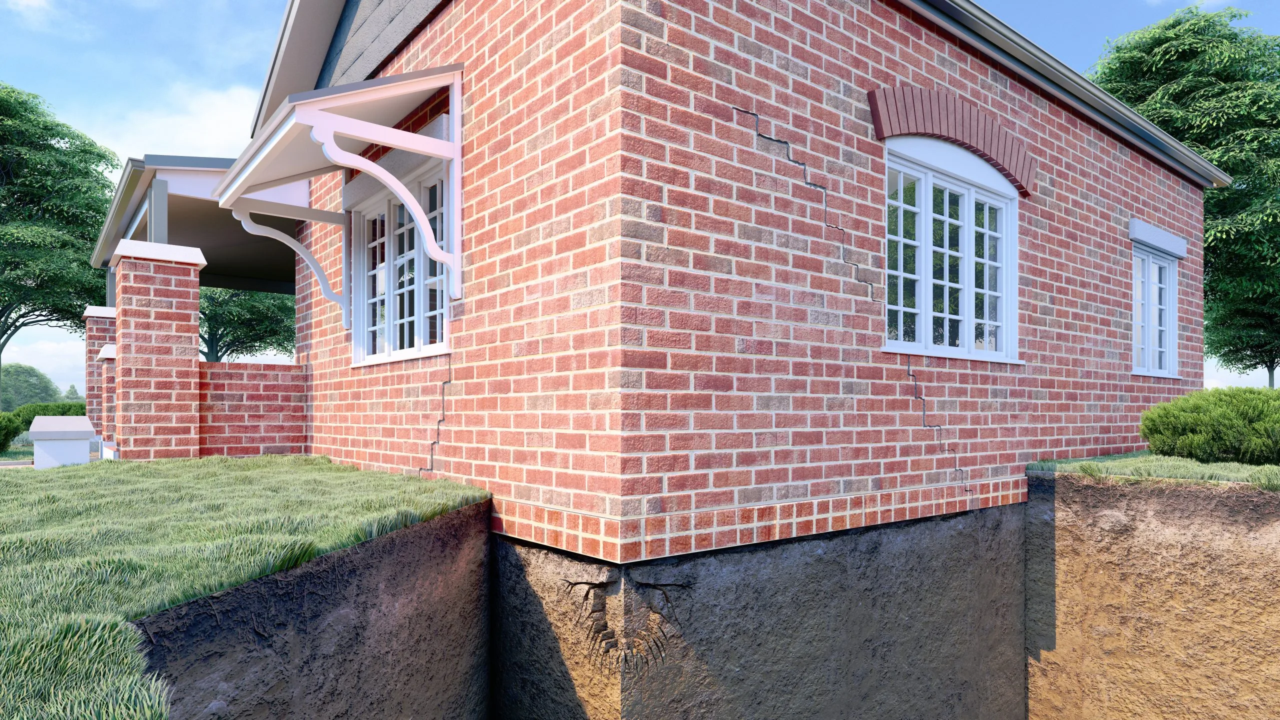 Brick house wall cracks and subsidence exposed for foundation repair assessment.