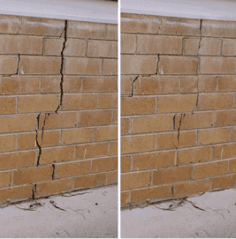 Brick wall foundation repair showing vertical wall cracks before and after restoration.