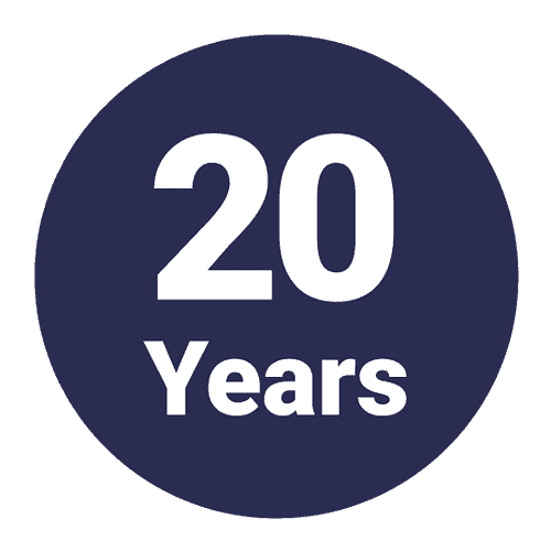 20-year warranty badge for foundation repair and wall crack solutions.