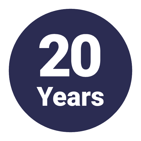 20-year warranty badge for foundation repair and wall crack solutions.