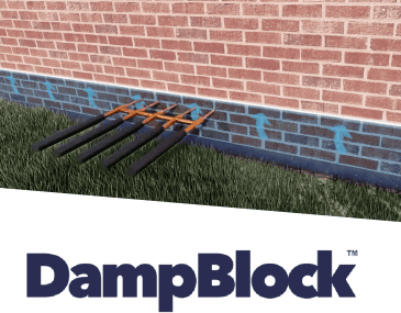 Brick wall rising damp repaired with DampBlock solution and foundation tools.