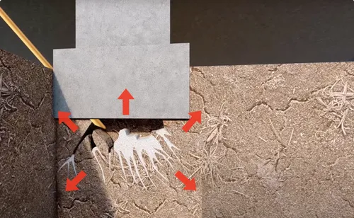 Concrete footing causing soil subsidence with radial cracks indicating foundation movement.