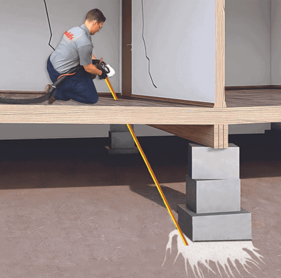 Worker injecting termite treatment to prevent foundation damage and subsidence issues.
