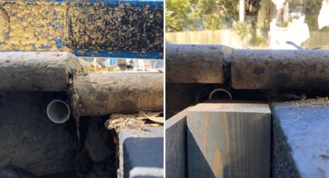 Side-by-side comparison of subsidence repair, added timber reinforcement and cleaner beam area.